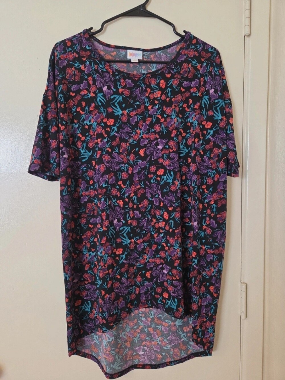 LuLaRoe Black Tunic with Purple, Red & Teal Floral Print